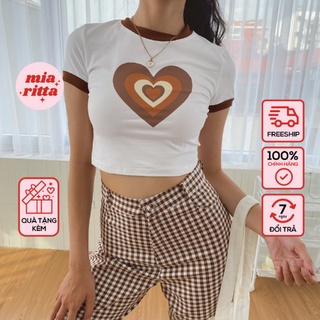 [ảnh thật] Áo croptop co dãn hoạ tiết trái tim nâu Mia Ritta A2087