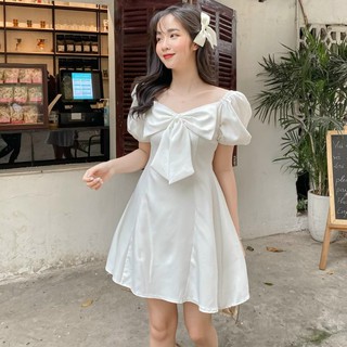 Váy trắng dự tiệc nơ ngực xòe xinh xắn, đầm trắng đẹp CÓ VÁY BIGSIZE