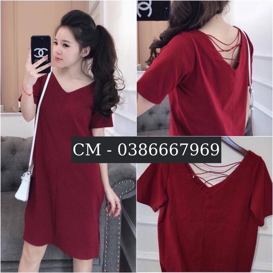 Đầm suông trơn form rộng chất cotton tàu cổ tim đan dây lưng xinh xắn