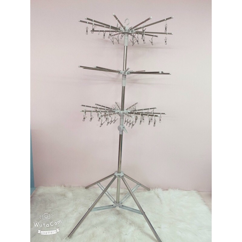 Cây sào phơi đồ inox thông minh gấp gọn đa năng 3 tầng 60 kẹp, treo đồ sơ sinh tiện dụng