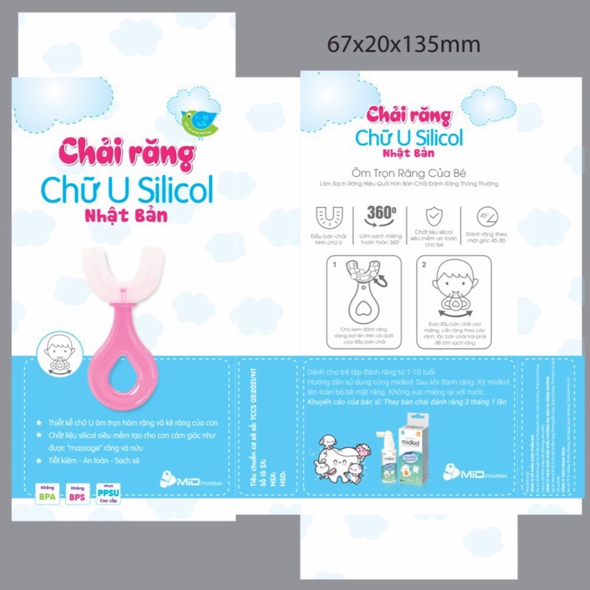 Bàn chải đánh răng chữ U thương hiệu Midkid cho bé từ 1 tuổi, chải xoay 180 độ, massage răng, chất liệu mềm mại, an toàn