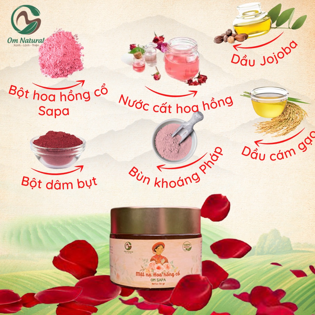 Mặt Nạ Hoa Hồng Cổ Sapa Dưỡng Sáng Da A Om Natural 50g