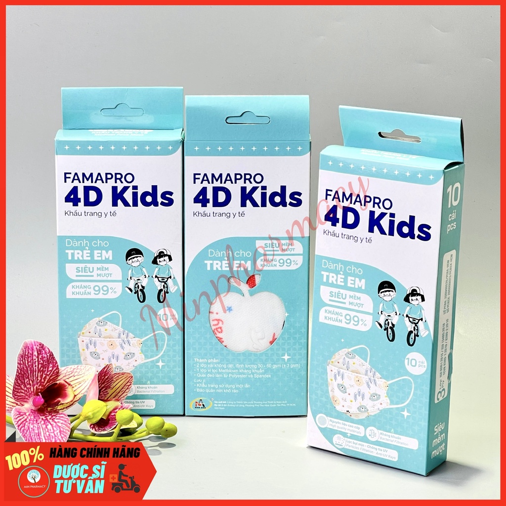 Khẩu trang y tế kháng khuẩn cho bé FAMAPRO 4D kids cho bé từ 4-10 tuôi (Hộp 10 cái hoạ tiết siêu dễ thương) - Minpharmac