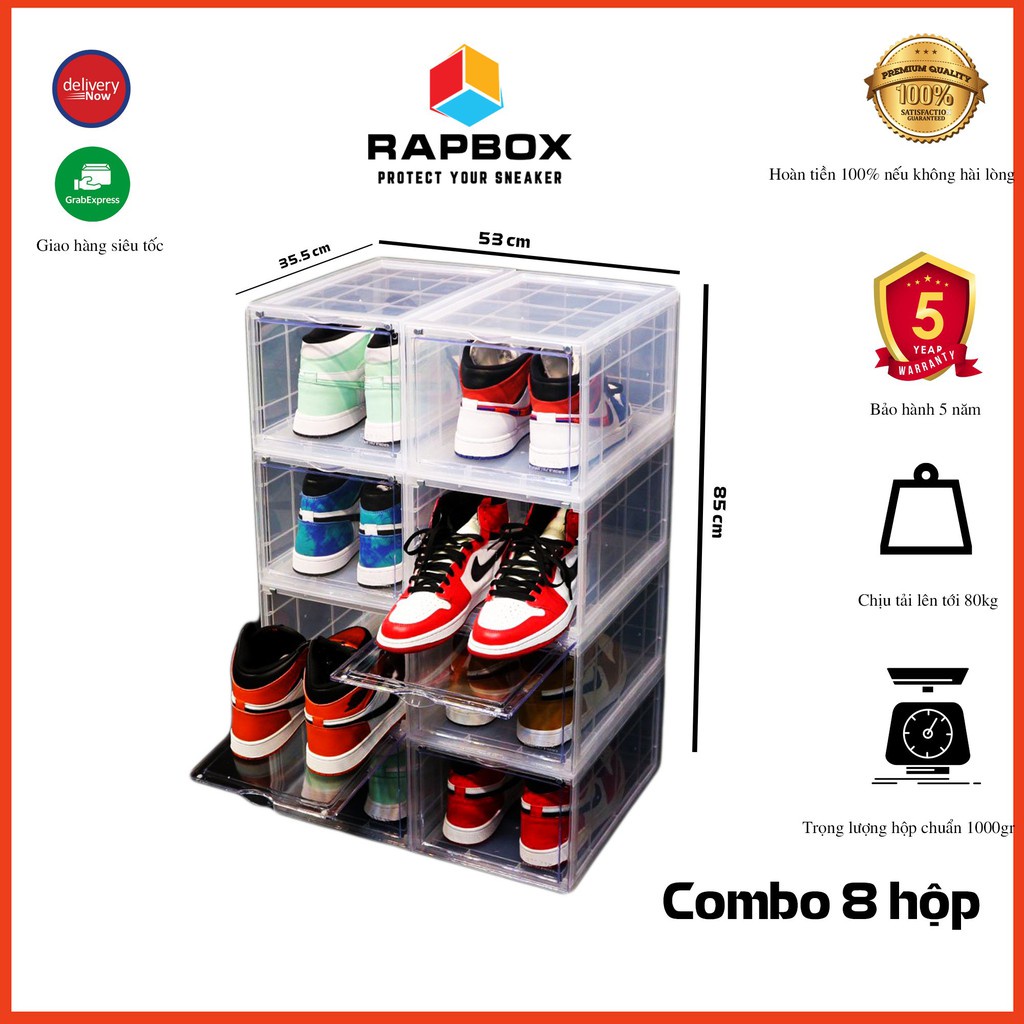 Hộp Đựng Giày Cao Cấp Nhựa Cứng Trong Suốt Cửa Mở Nam Châm RAPBOX - 8HRB, Hộp Size Lớn, Combo 8 Hộp