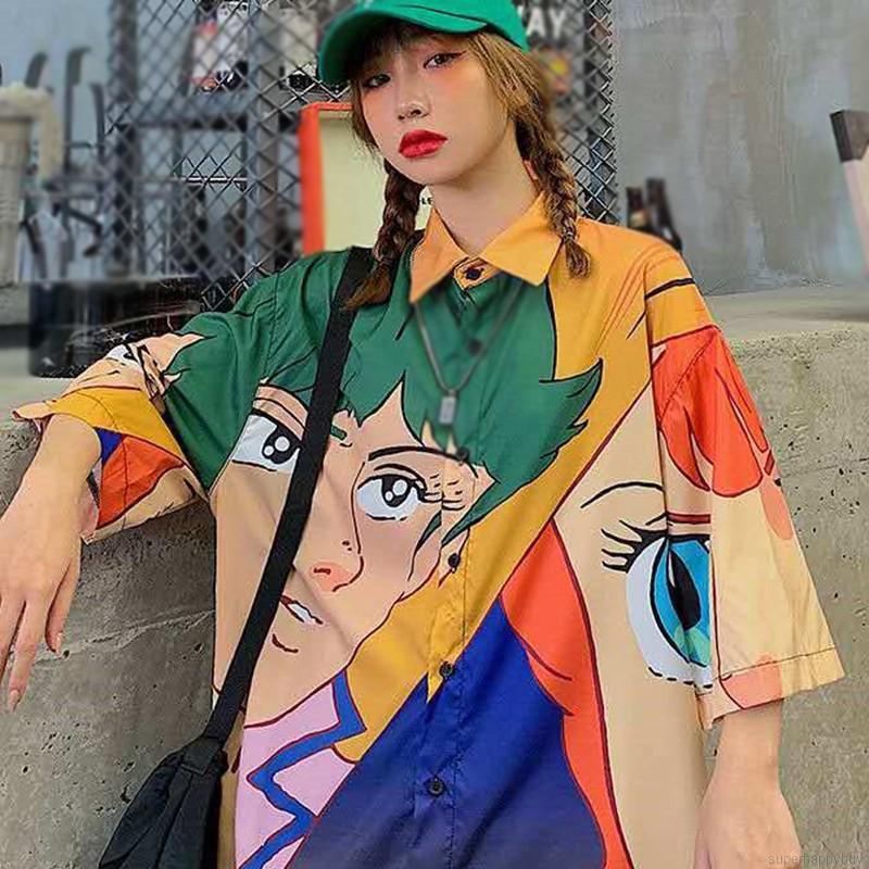 Áo Sơ Mi Nữ Tay Ngắn Dáng Rộng In Hình Hoạt Hình Phong Cách Hàn Quốc | BigBuy360 - bigbuy360.vn