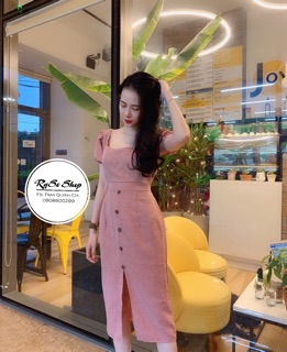 Đầm body caro cổ U thắt eo