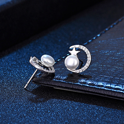 Bông Tai Bạc 925 Hình Trăng Sao Đính Ngọc Trai Lấp Lánh Phong Cách Hàn Quốc Thời Trang Cho Nữ-S1