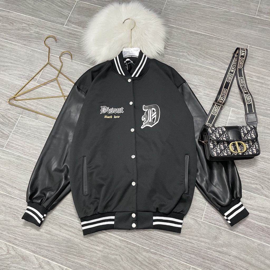 Áo khoác bomber Unisex nam nữ tay da phối họa tiết chữ Đ - kameco