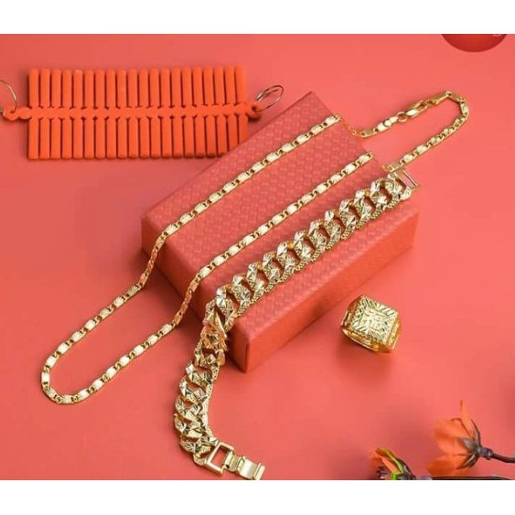 Combo bộ 03 trang sức mạ vàng 18k được si 24k không rỉ ( Dây chuyền Dẹt - Lắc Tay - Nhẫn Chữ Phúc, Lộc )