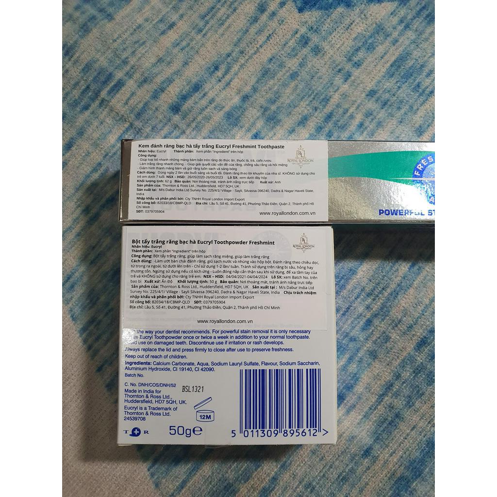 Combo 2 Món Kem và Bột Trắng Răng Eucryl Tooth Paste Freshmint Hương Bạc Hà - Anh [ Combo Trắng Răng ]