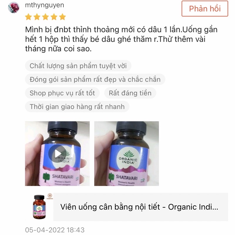 Viên uống cân bằng nội tiết - Organic India Shatavari - hebenastore