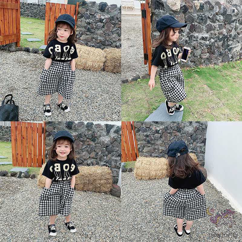 Set Áo Thun Tay Ngắn &amp; Quần Short Caro Cho Bé Gái