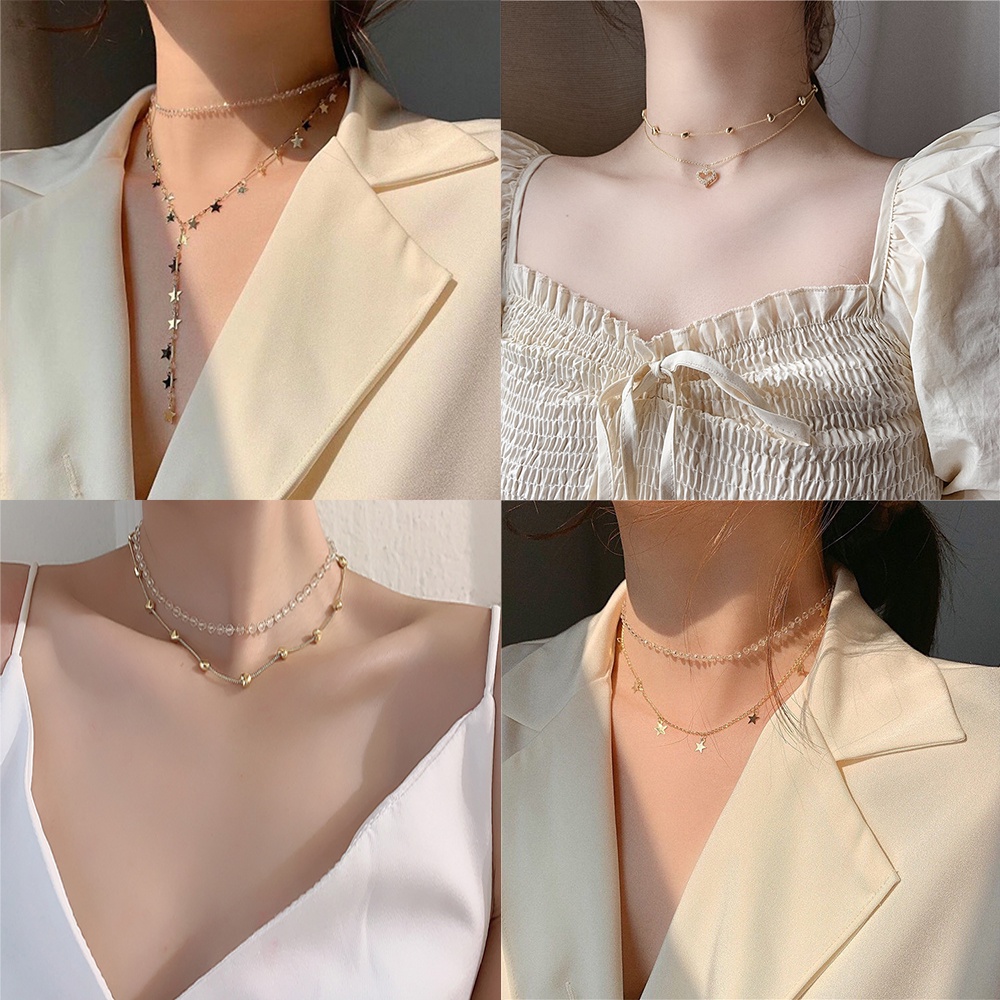 vòng cổ Nhiều Lớp Mặt Hình Ngôi Sao Và Trái Tim Thời Trang Hàn Quốc Đơn Giản Cho Nữ