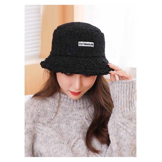 Mũ nón bucket lông cừu đính chữ chất mềm nhẹ