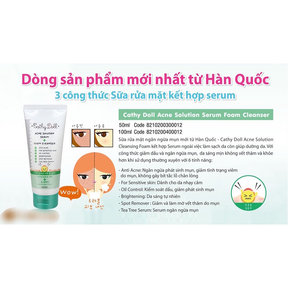 Sữa Rửa Mặt Ngừa Mụn, Sáng Da Acne Solution/ Aura Whitening Serum Foam Cleanser Cathy Doll 100ml hàng nội địa thái 100%