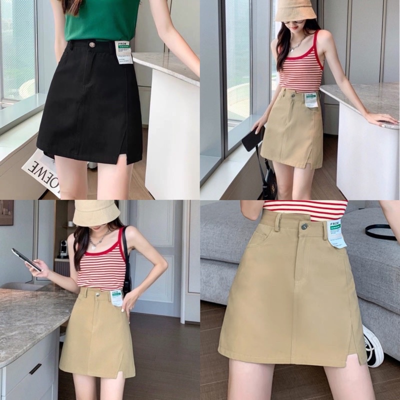 [Ảnh thật/Video ]Chân váy chữ A cạp chéo gắn tag da FROM loại 1 Chân váy  chất kaki hai da hàng Quảng Châu