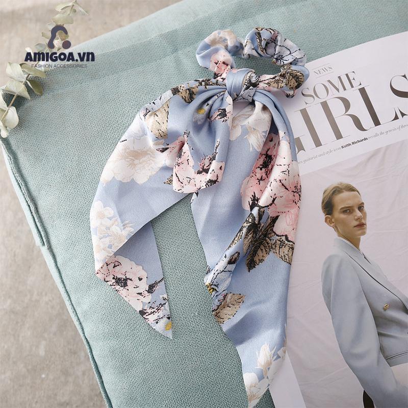 Dây Cột Tóc Cao Su Bản Lớn Thắt Nơ Tam Giác Thắt Dây In Họa Tiết Hoa Cổ Điển