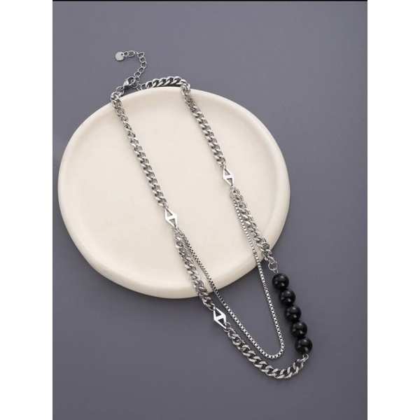 Vòng cổ xếp lớp trang trí hạt bằng thép titan không gỉ - Dây chuyền unisex cho nam nữ