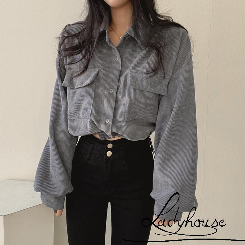 Áo Khoác Sơ Mi Ngắn Cài Nút Tay Dài Màu Trơn Có Túi Thời Trang Mùa Thu Cho Nữ