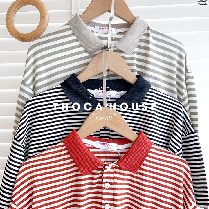 Áo croptop polo nữ kiểu sọc xanh, cam, đen THOCA HOUSE trẻ trung, năng động, phối đồ đi học, đi chơi