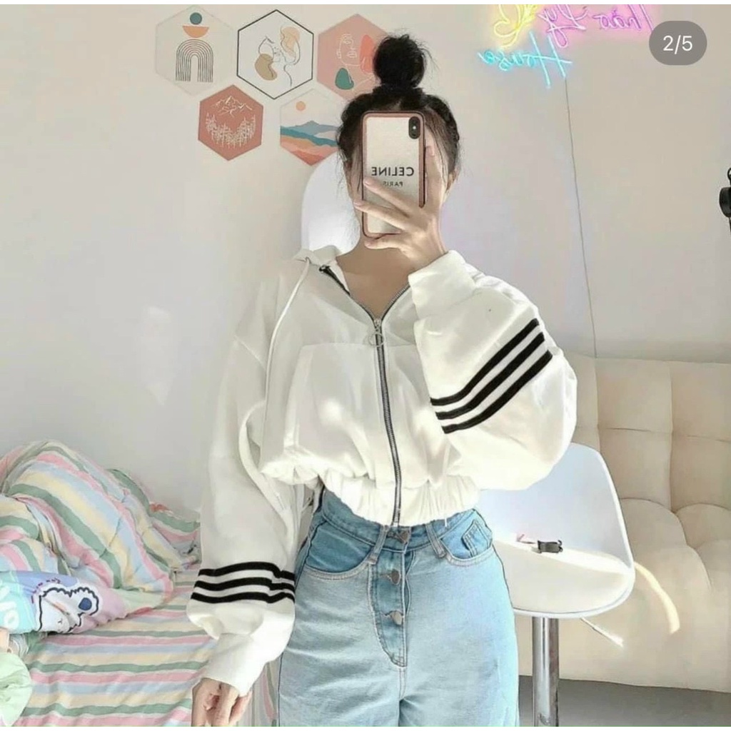 Áo khoác nỉ lửng form Croptop có nón, tay phồng kẻ sọc, chất dày dặn bao hot