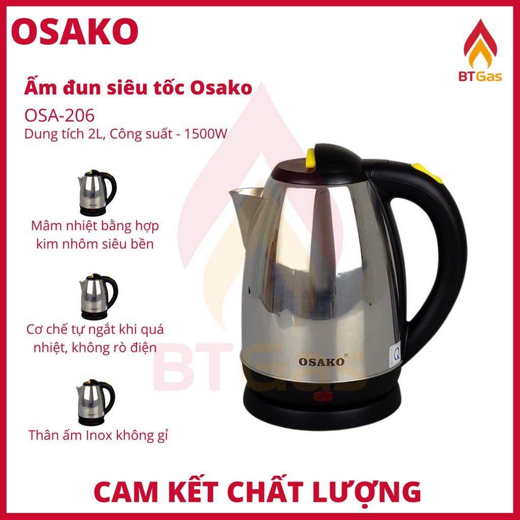 Bình đun siêu tốc, ấm siêu tốc bền đẹp, nấu nước an toàn, thân ấm inox dung tích 2 lít Osako OSA-206