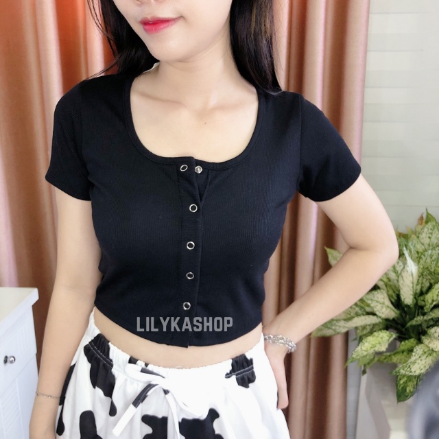 Áo croptop nữ cổ tròn có nút tay ngắn chất thun gân ôm body Lilykashop AC04
