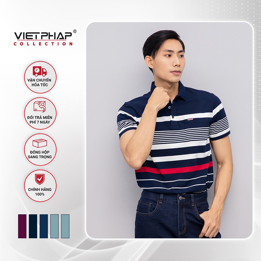 Áo Thun Polo Nam Tay Ngắn Sọc Có Túi Cao Cấp 2022 Việt Pháp. Vải Cotton Lạnh Thấm Hút Mồ Hôi, Siêu Mát -HÀNG CHÍNH HÃNG