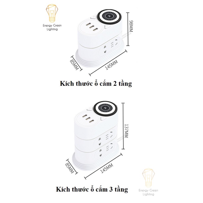 Ổ Cắm Điện Energy Green Lighting Kèm Sạc Không Dây Đa Năng 2 Tầng 3m , 3 Tầng 3m - Bảo Hành 12 Tháng