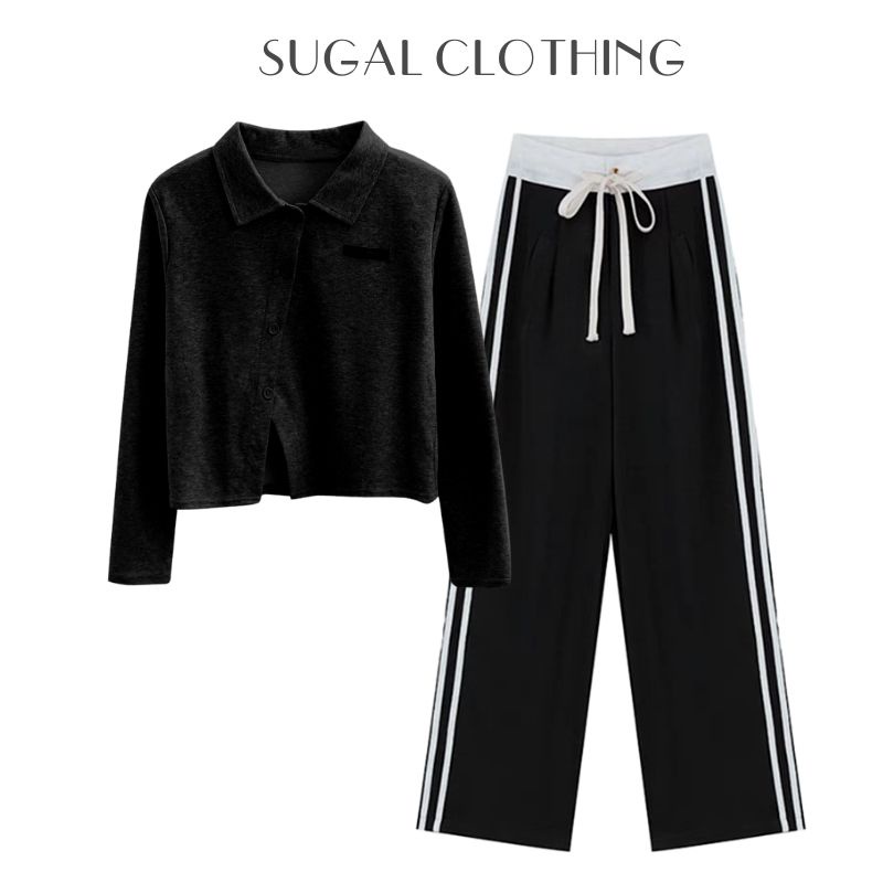 Set Bộ Đồ Nữ Áo Thun Polo Dài Tay Vạt Chéo Phối Quần Ống Suông Kẻ Sọc Thời Trang Sugal TOP NU 051 + QUAN NU 040
