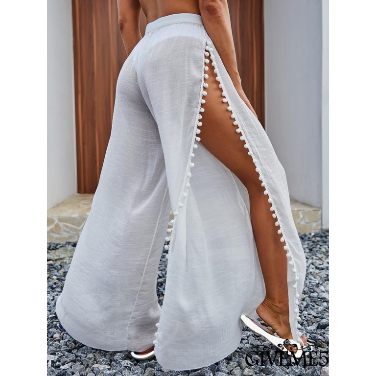 Quần Đi Biển Eo Cao Hai Mặt Trang Trí Bóng Lông Và Bóng Lông Eo Cao Cho Nữ