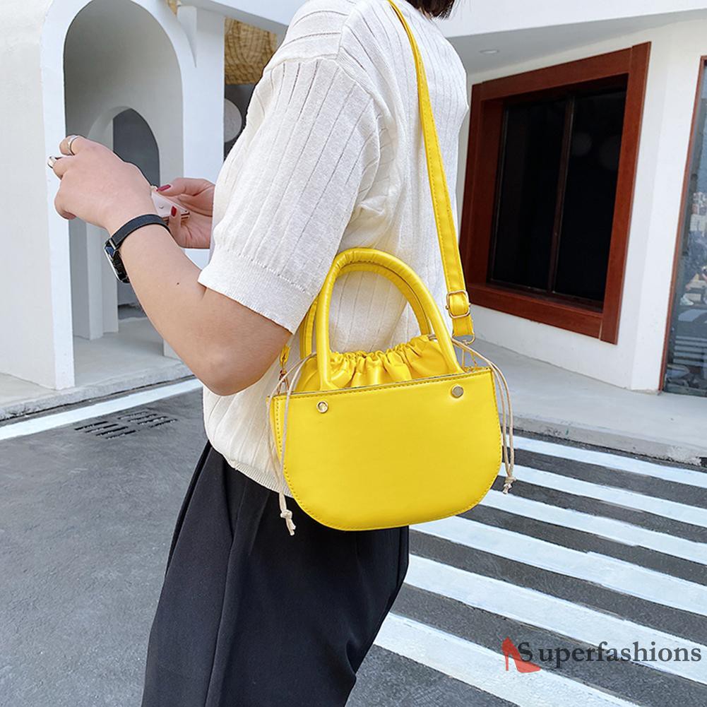 【Hot Sale】Fashion Women Drawstring Solid Color PU Shoulder Bag Top-handle Handbags