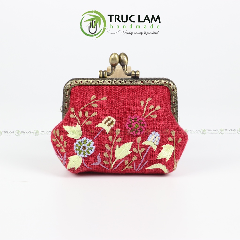 Ví Xu Cầm Tay Mini Khóa Nẹp Đồng Vải Gai Thêu Tay Họa Tiết Hoa Cỏ - Trúc Lâm Handmade