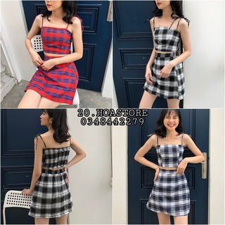 (có lót ngực) SET ÁO KẺ CARO BUỘC NƠ CROPTOP PHỐI CHÂN VÁY CARO CHỮ A HOT