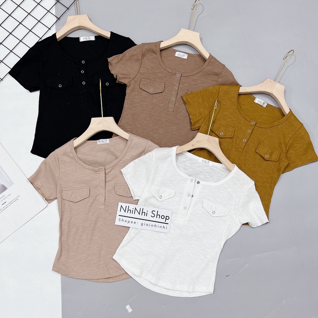 Áo thun tăm cúc ngực hai túi, Áo kiểu dáng ôm cài cúc co giãn
