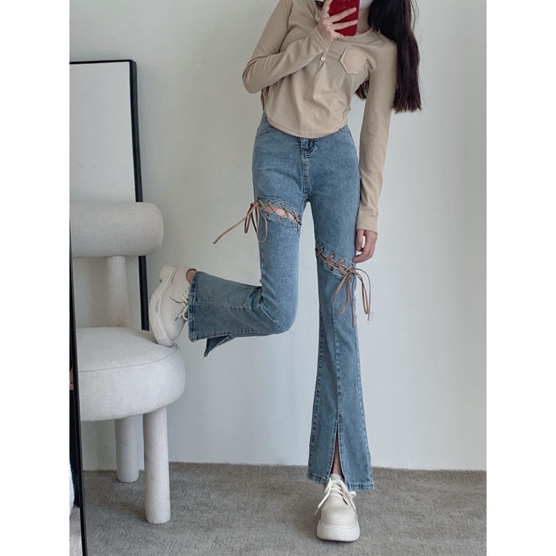 Quần Jean Ống Loe Lưng Cao Dáng Ôm Xẻ Tà Cột Dây Cỡ Lớn Thời Trang Cá Tính Cho Nữ