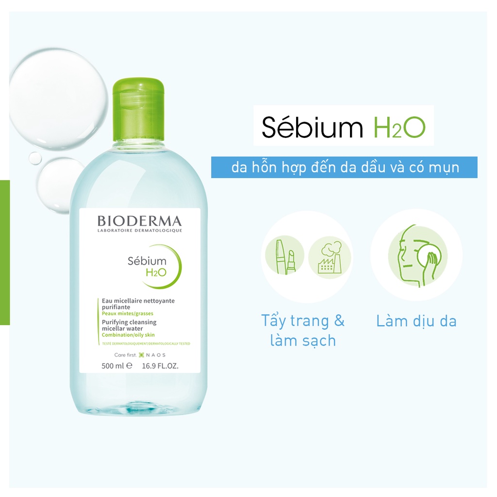Nước tẩy trang Bioderma H2O 100ml-500ml, cho da dầu mụn, nhạy cảm