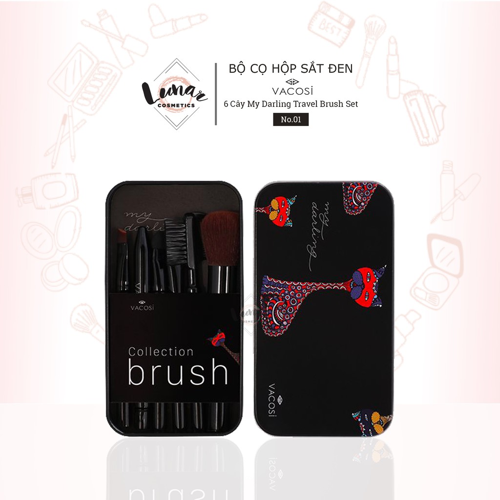 [Đại Lý Vacosi] Bộ Cọ Hộp Sắt Đen - Đỏ Vacosi 6 Cây My Darling Travel Brush Set