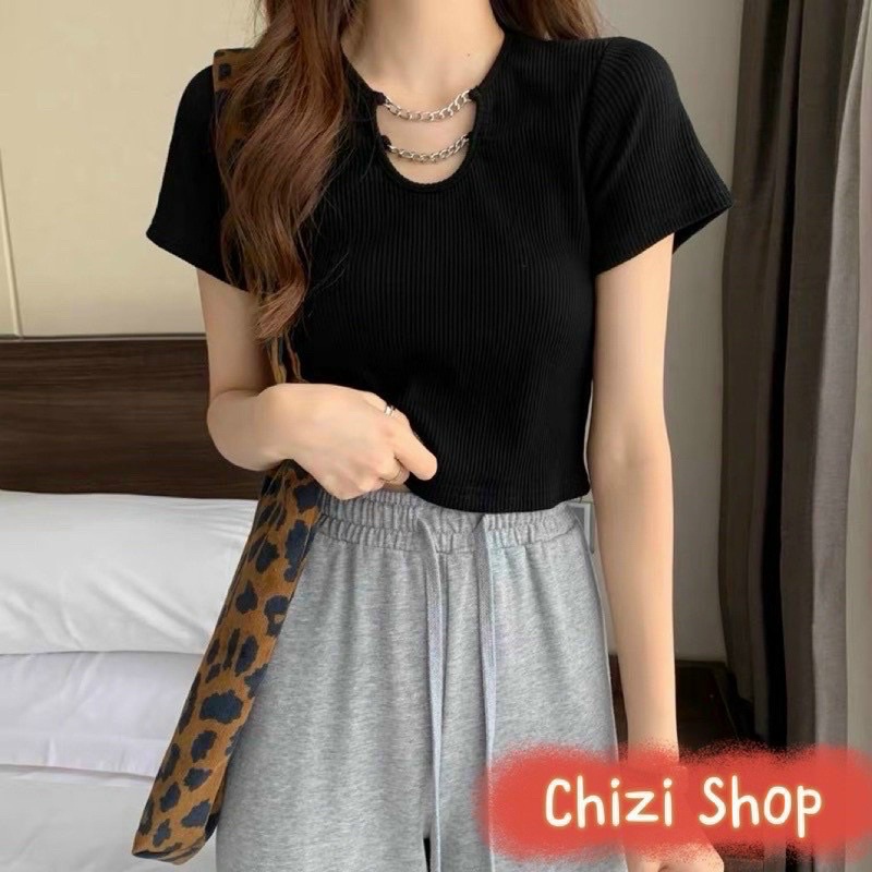 Áo croptop cổ phối xích chất liệu thun borip dày đẹp co giãn tốt