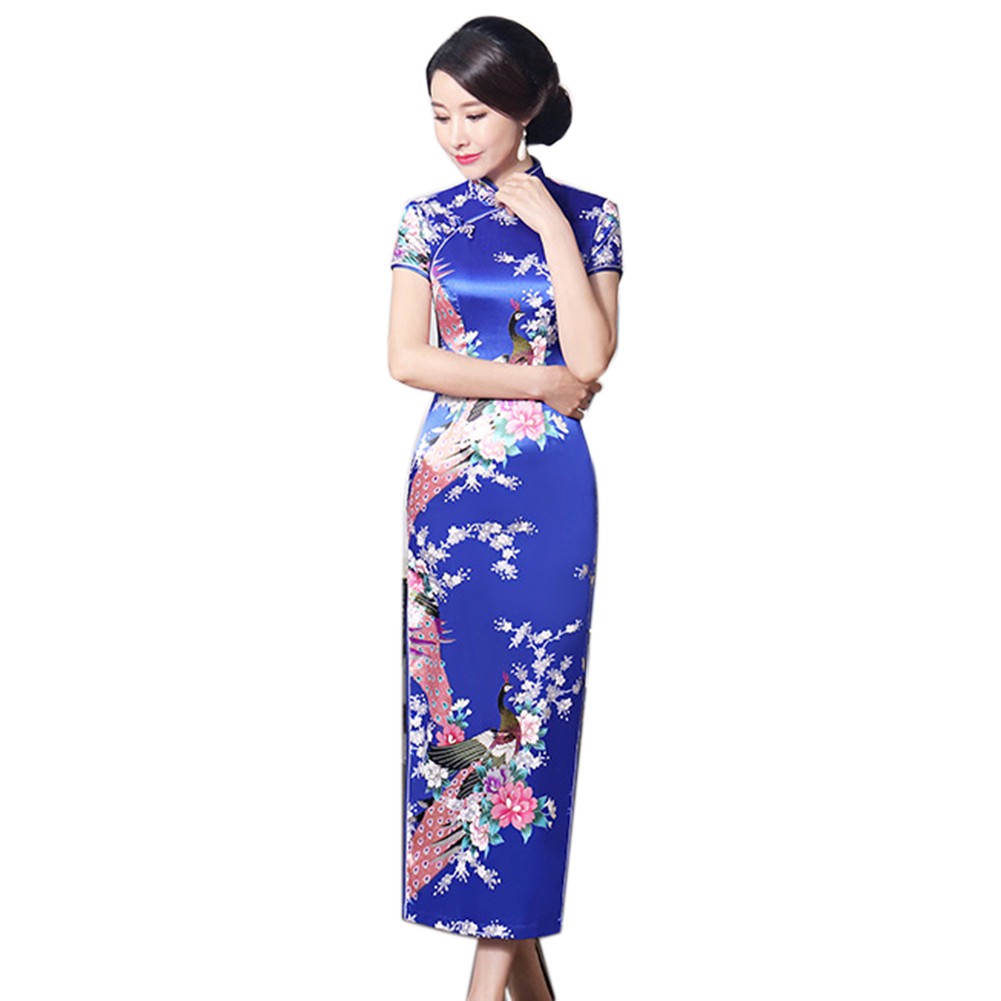 Peacock Print Women Chinese Long Cheongsam Bridesmaid Evening Dress | BigBuy360 - bigbuy360.vn