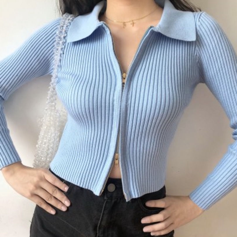 Áo khoác cardigan dệt kim tay dài có khóa kéo ngắn hai đầu hở rốn màu trơn thời trang nữ