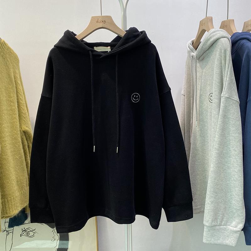 Áo Khoác Hoodie Vải Cotton Mỏng Dáng Rộng Thêu Hình Mặt Cười Thời Trang Xuân Thu Cho Nữ