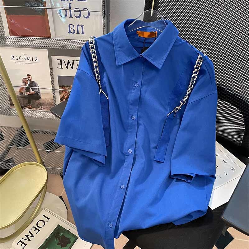 Áo Sơ Mi Tay Ngắn Dáng Rộng Màu Xanh Dương Thời Trang Đường Phố Cho Nữ