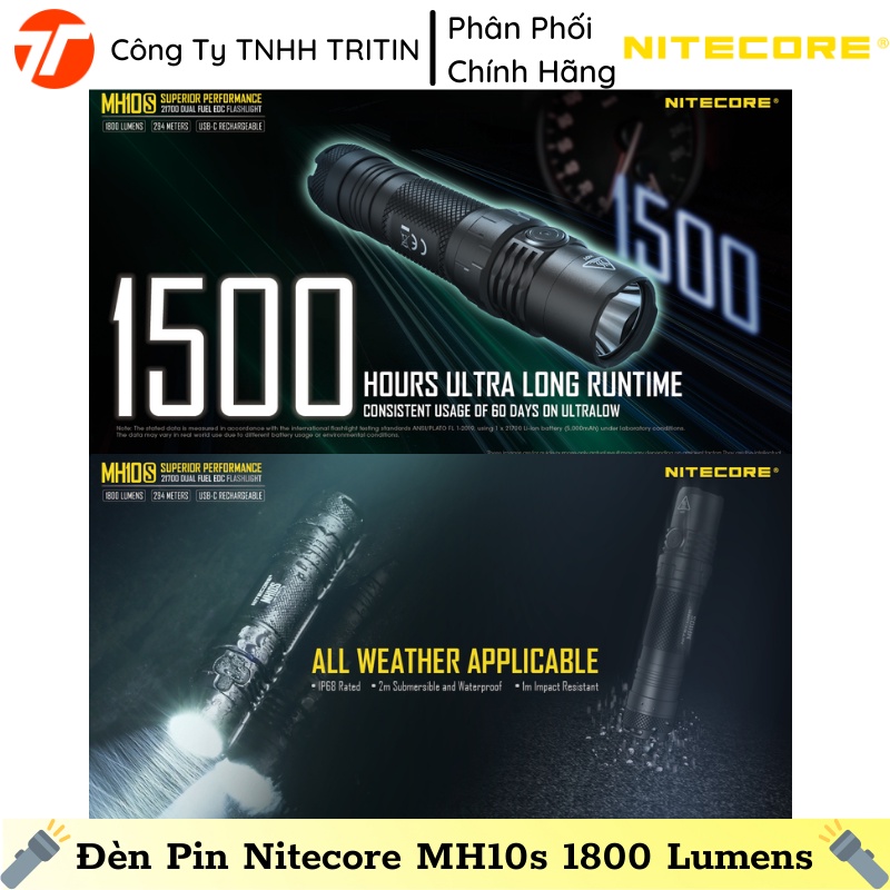 Đèn Pin EDC Nitecore MH10s 1800 Lumens, Tầm Chiếu 294m, 21700 or 18650 or CR123  | TRITINCO