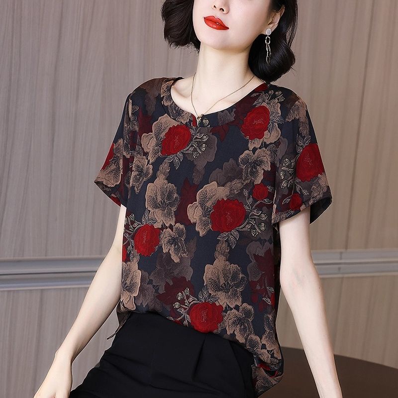 Áo thun ngắn tay in họa tiết thời trang cho phụ nữ trung niên