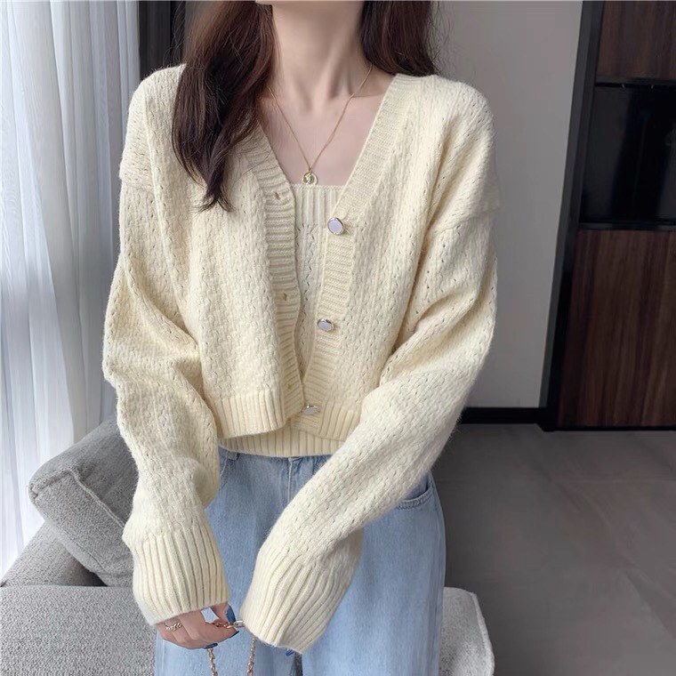 Sét Áo Khoác Cardigan Phối Áo Hai Dây Cho Nữ Thu Đông 2021 (Ảnh Thật Ở Cuối)