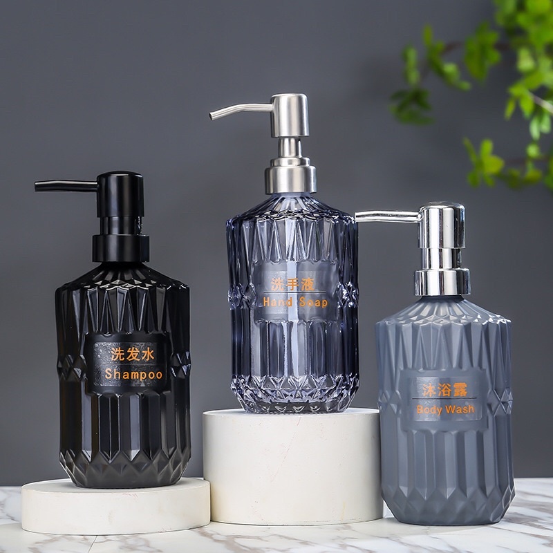 Bình đựng dầu gội, sữa tắm, nước rửa tay bằng thuỷ tinh cao cấp (450ml, có phần ghi tên loại dầu gội)