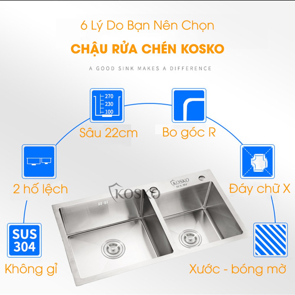 Chậu rửa bát inox 304 KOSKO Đúc 2 hố lệch (Tặng Kệ Để Đồ Đa Năng + Bộ ống xả) Bảo hành 12 đến 24 tháng