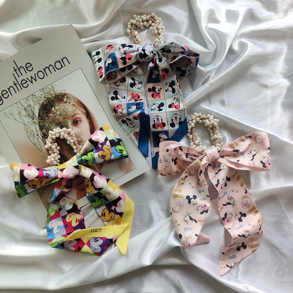 Dây buộc tóc ruy băng co giãn đính ngọc trai phong cách Hàn Quốc 2021 cho nữ