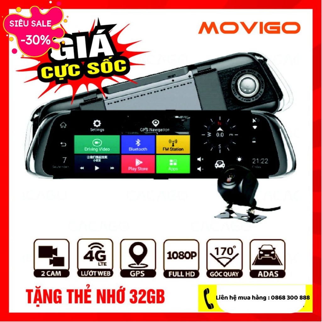 HOT- Camera hành trình MOVIGO MV410L (Tặng thẻ nhớ 32G) - 4G dạng gương, Cảnh báo tốc độ bằng giọng nói tiếng Việt